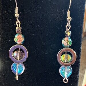 Hand Crafted Hematite, Crystal, and Cloisonné Floral Earrings